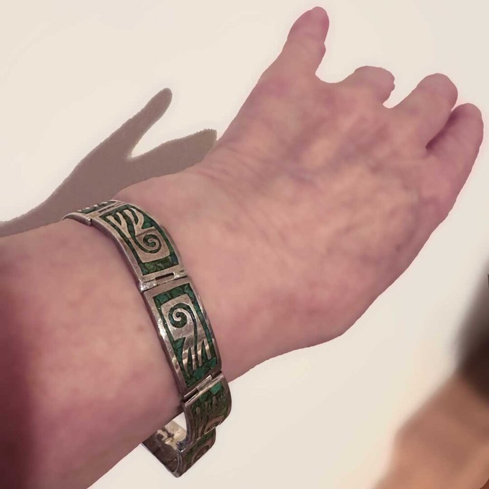 7" Vintage Taxco Mexico 925 Sterling Silver Turquoise Malachite Bangle - 34g